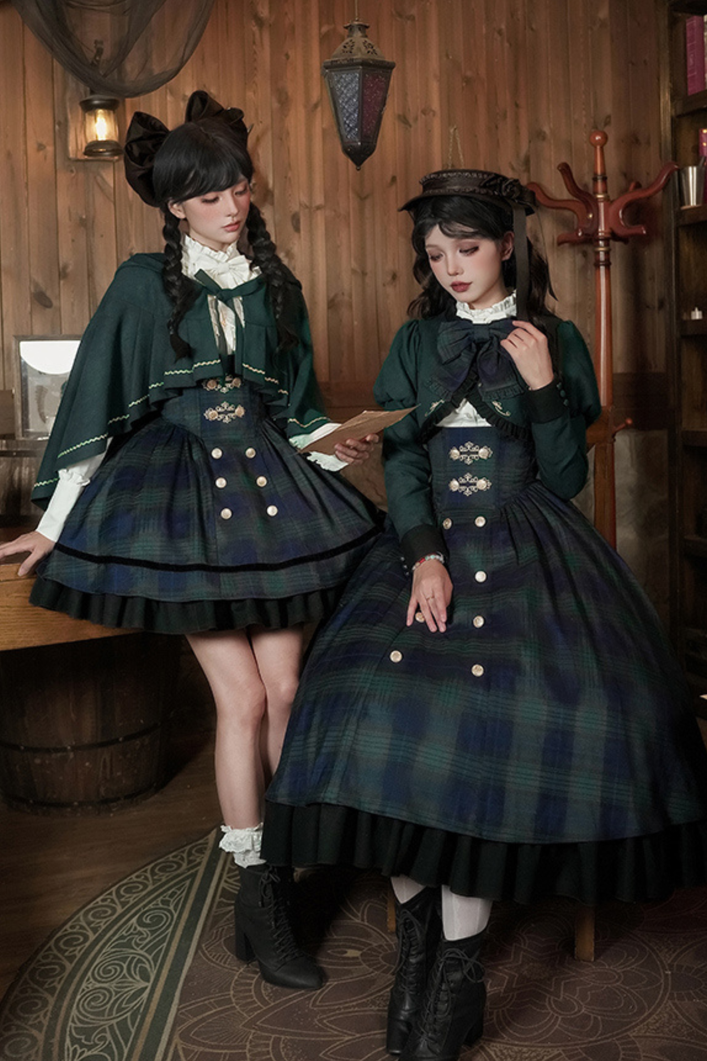 レトロカレッジスタイルチェックロリータスカート＋ジャケット＋マント＋ブラウス＋リボン＋ネックレス