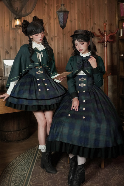 レトロカレッジスタイルチェックロリータスカート＋ジャケット＋マント＋ブラウス＋リボン＋ネックレス