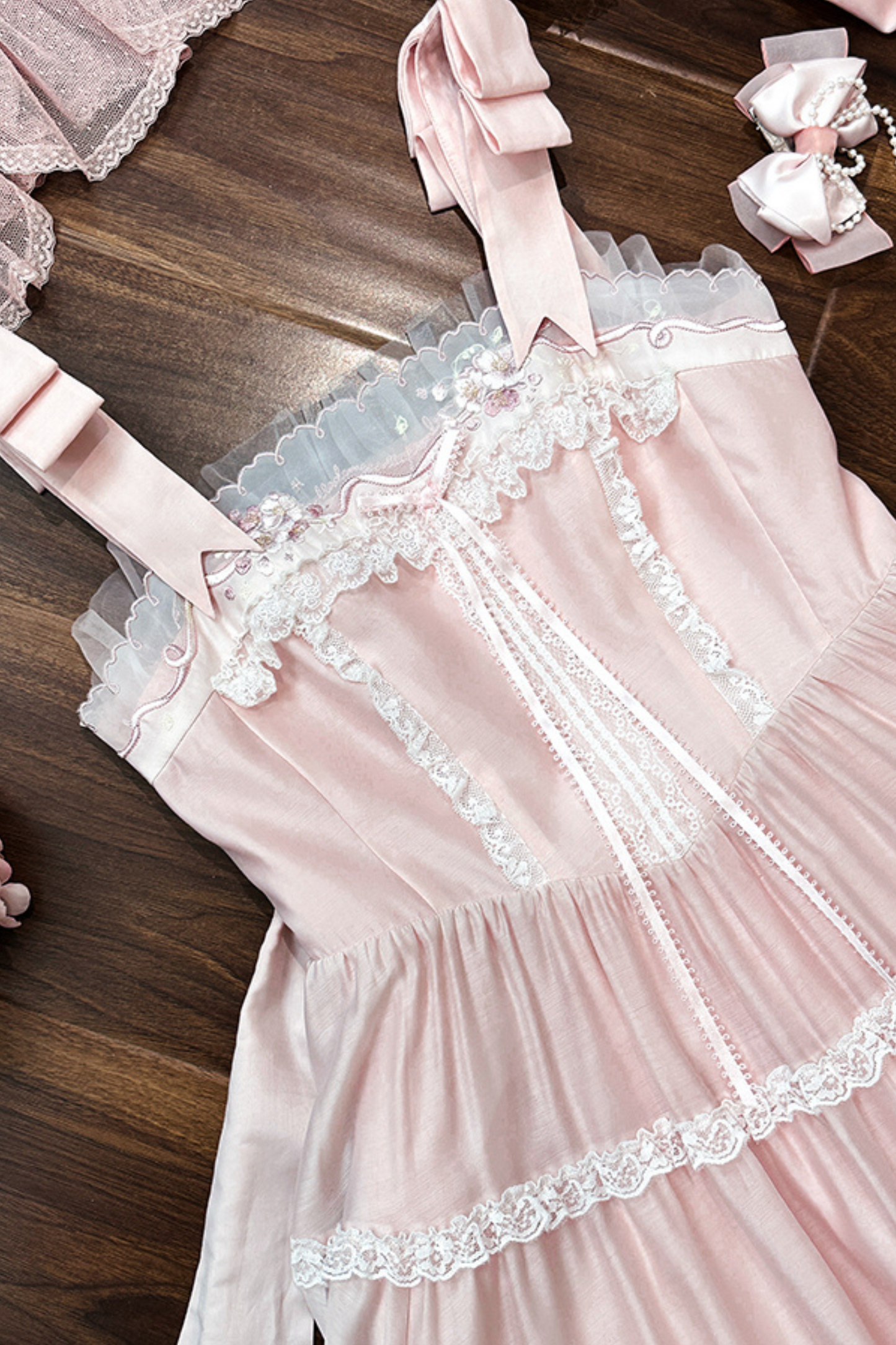 Cherry blossom color sweet princess Lolita dress + doll color top + sheer cardigan + apron