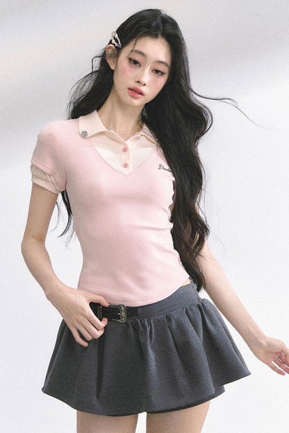 フレンチシャツタイトガーリートップス