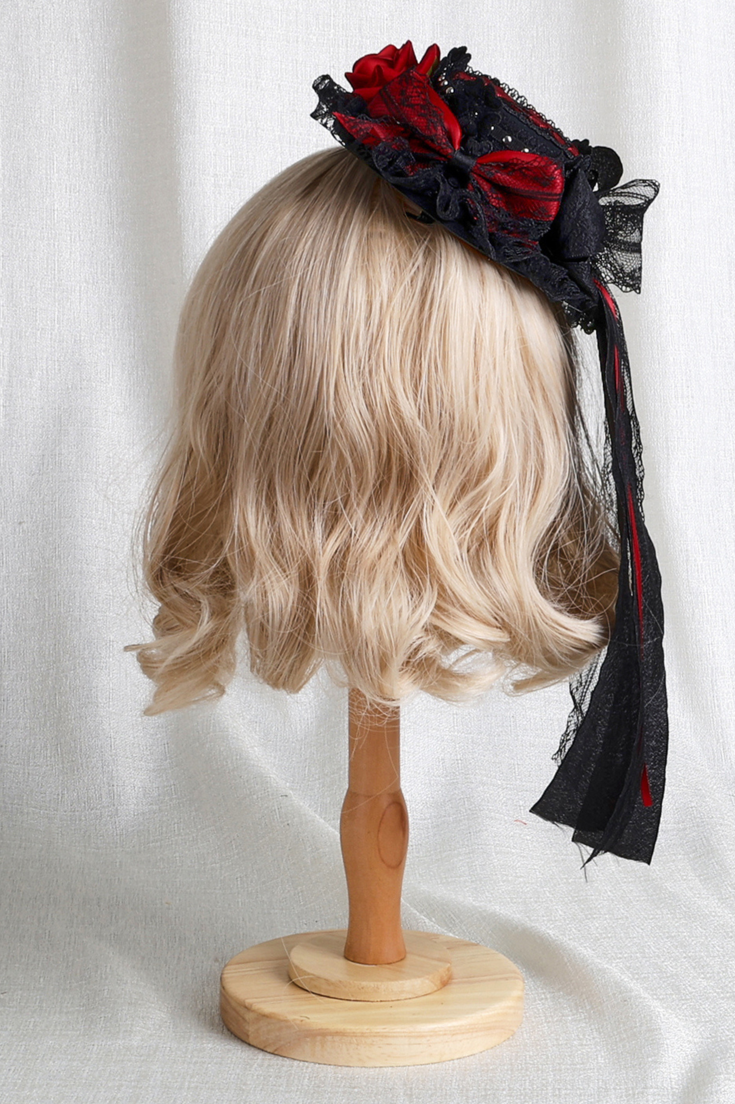 Dark Frilled Lolita Hairband + Flat Hat + Hat Clip + Ribbon Clip + Sleeve