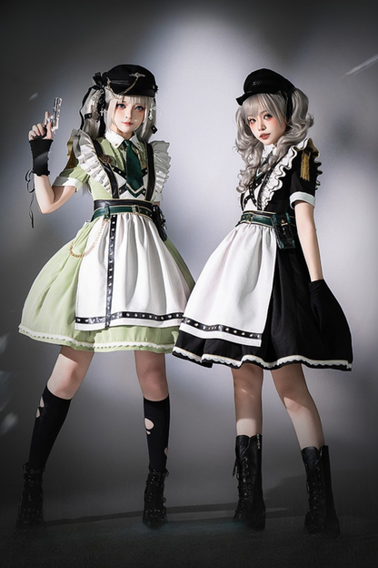 Schwarz-grünes Militär-Maid-Lolita-Kleid Komplettset