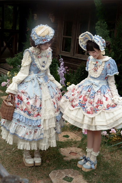 Rabbit Berry Embroidery Print Dress + Bonnet + Hat