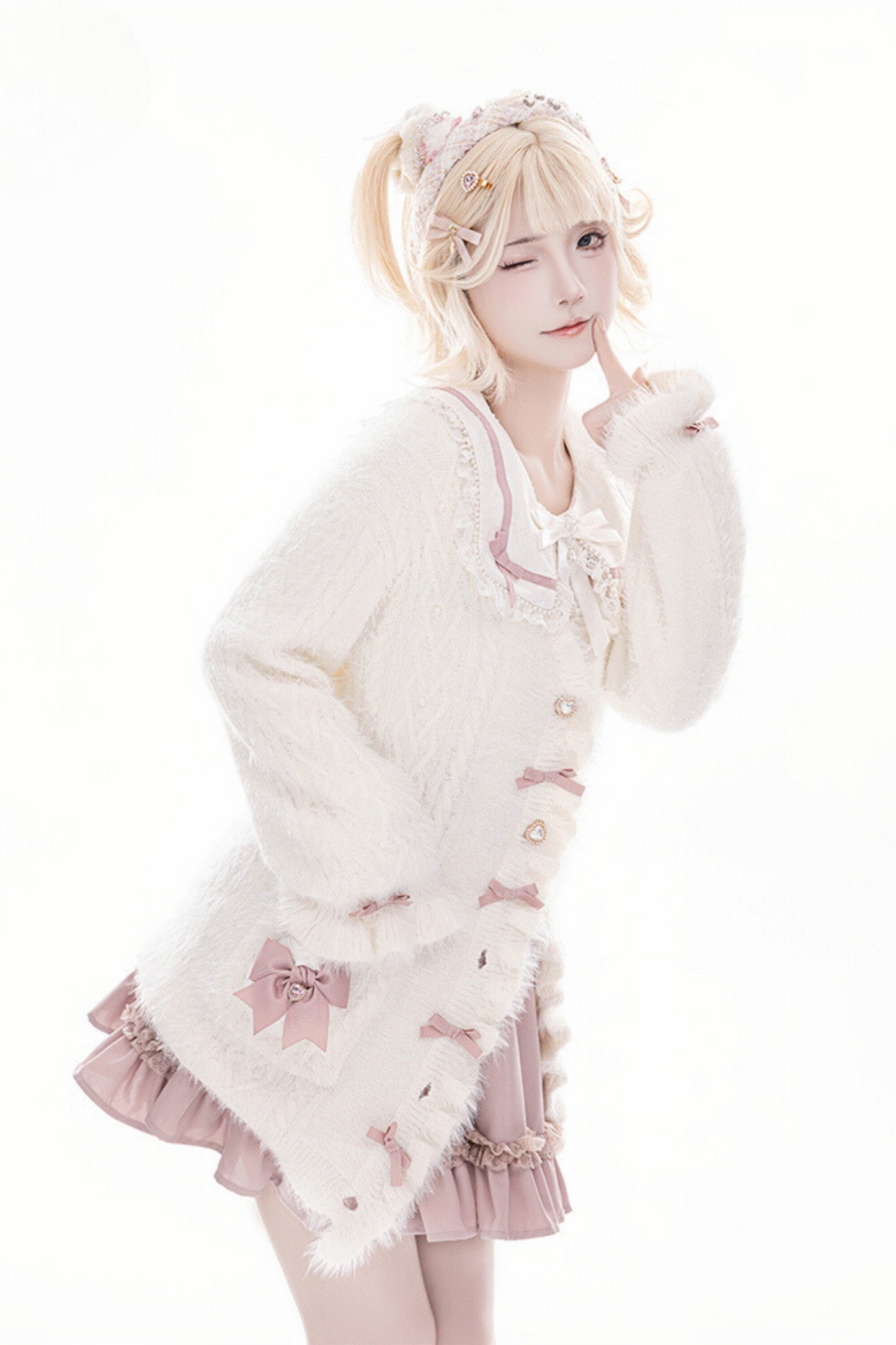 Powder Puff Ribbon Shaggy Fur Ruffle Knit Cardigan