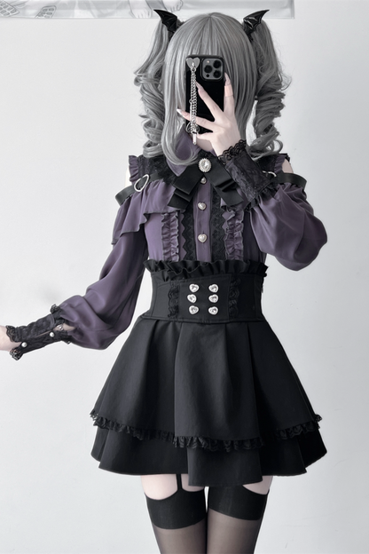 [Deadline for reservations: October 15] Open Shoulder Heart Leather Strap Ruffle Ribbon Shirt