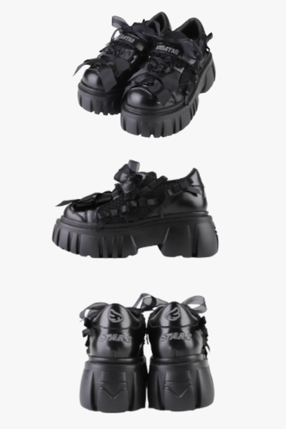 【12月8日予約締切】ブラックホワイトリボンエンジェルプラットフォームパンクサブカルスニーカー