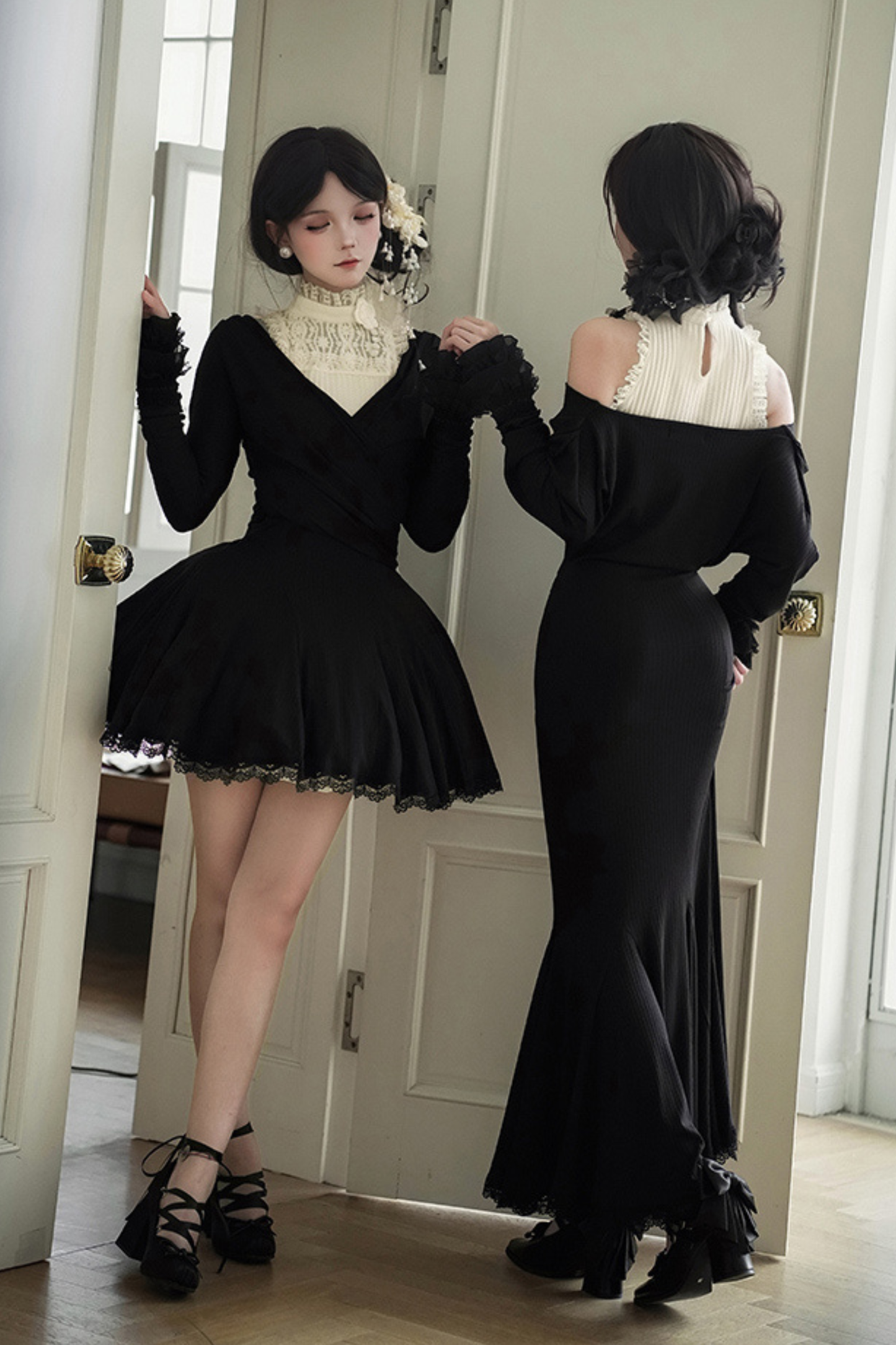 ローVネックニットストレッチスリムワンピース