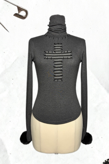 クロスハイネックトップス+パンツスカート+ペンダント