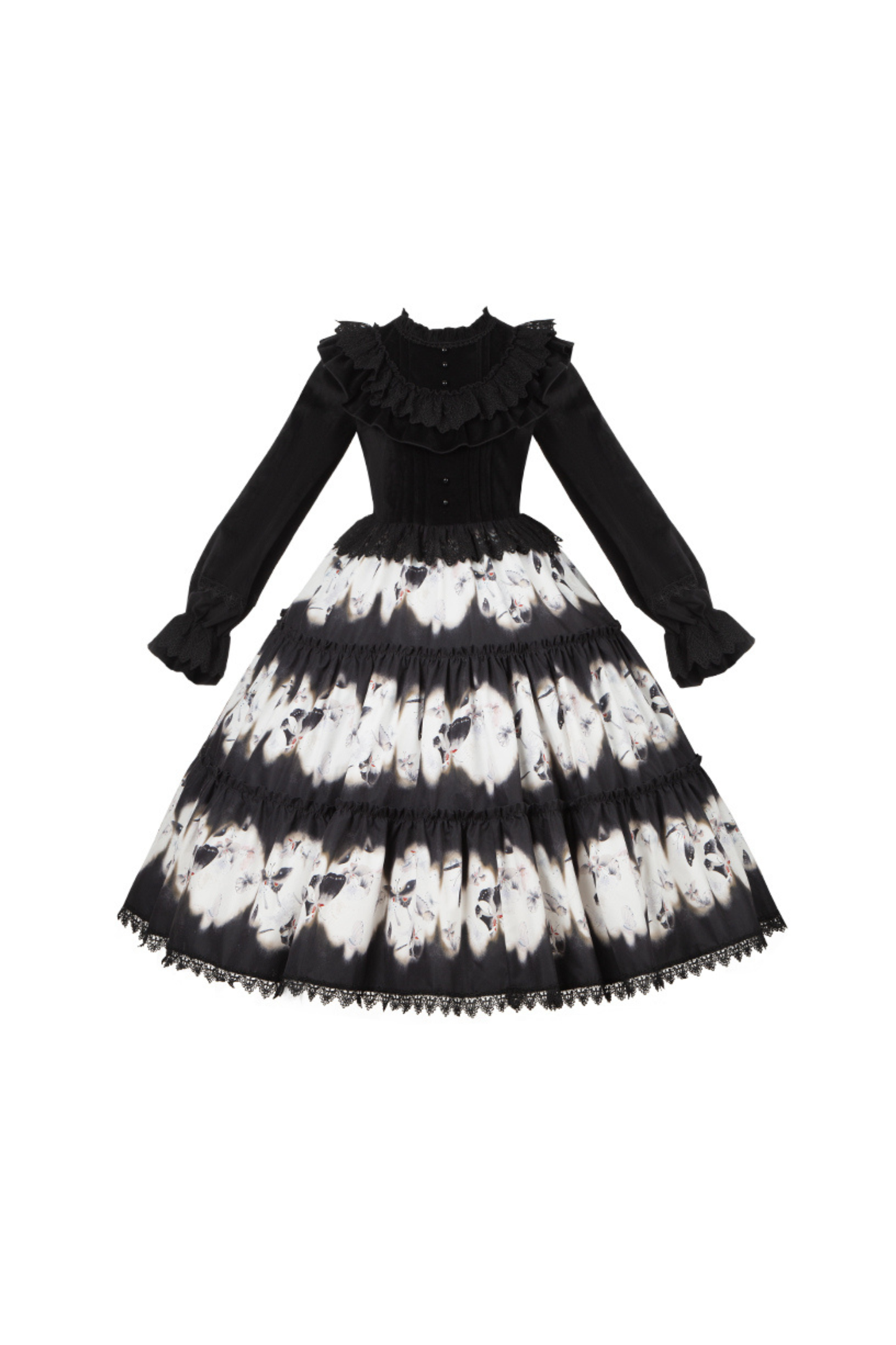 シックバタフライプリントスイングロリータドレス+ジャンパースカート+ヘアバンド+インナー+リボン