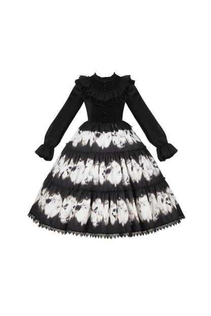 シックバタフライプリントスイングロリータドレス+ジャンパースカート+ヘアバンド+インナー+リボン