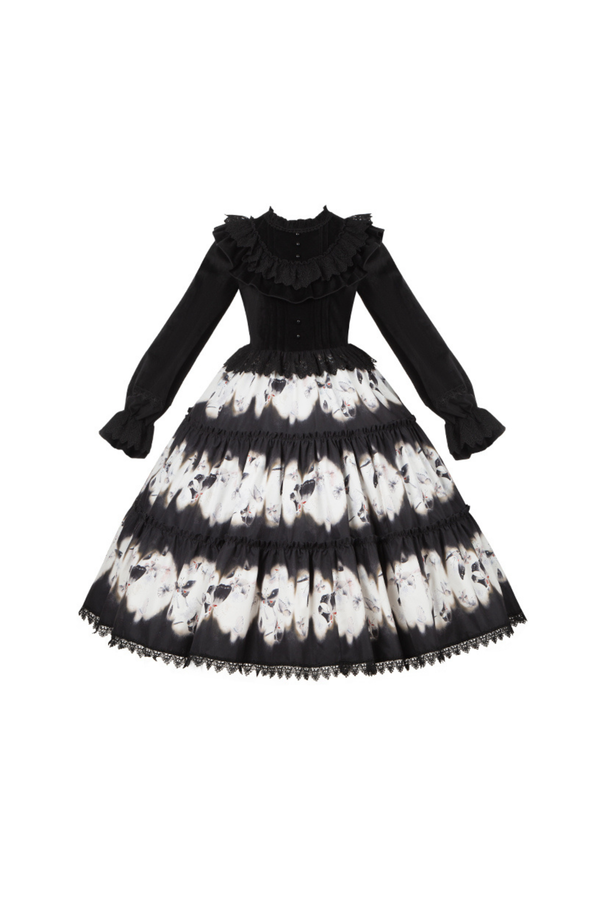 シックバタフライプリントスイングロリータドレス+ジャンパースカート+ヘアバンド+インナー+リボン