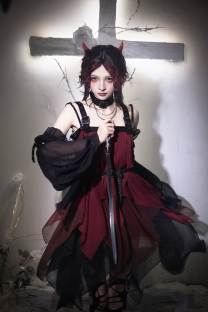 【7月4日予約締切】レッドアンブラックダークフェアリーゴシックロリータシリーズアクセサリー（カットアウトタイツ・チェーンチョーカー・チョーカー・アームカバー・ベルト）