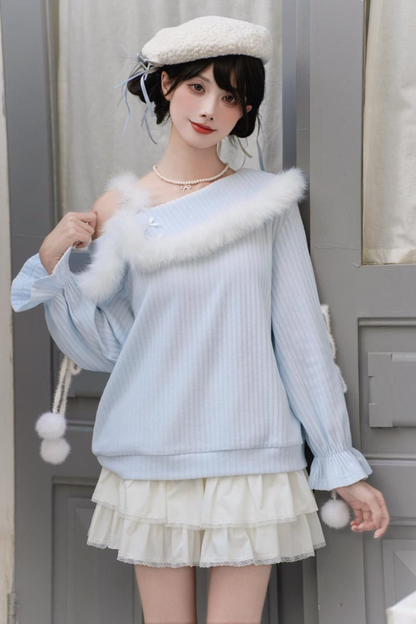 スイートブルーオフショルダーニットトップス