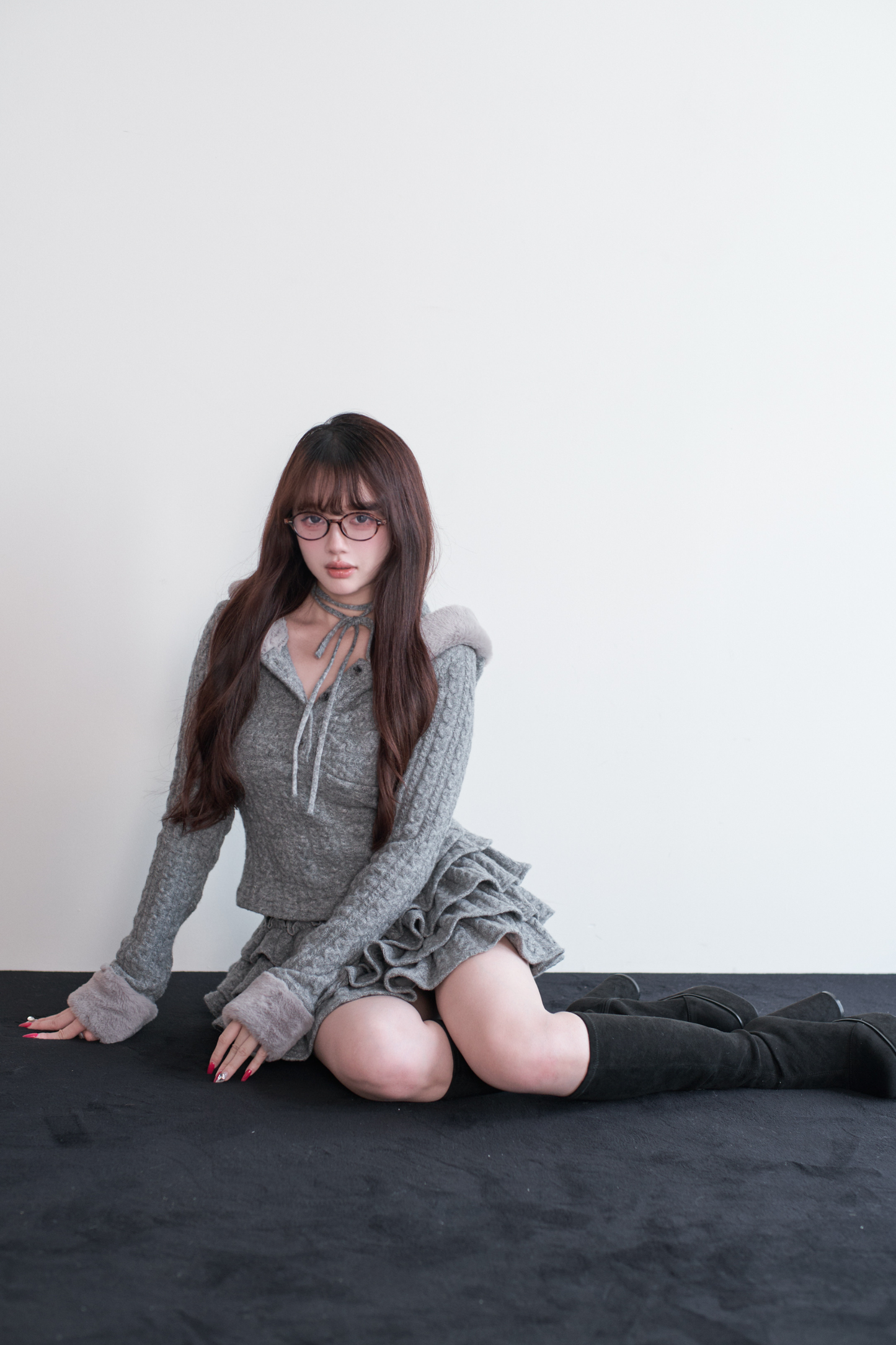 ケーブルニットトップス+ティアードスカート