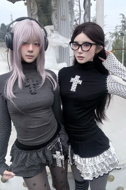 クロスドットタートルネックトップス+スカート+ペンダント