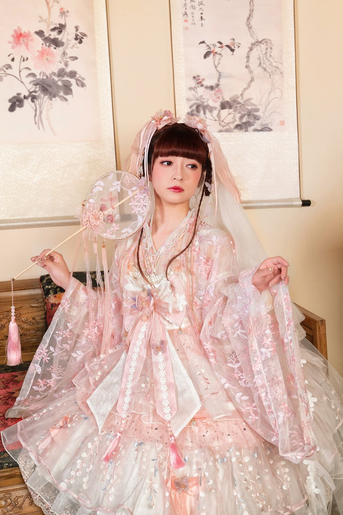 사쿠라 스위트 차이나 로리타 셔츠 + 목걸이 + 리본 + 베일 + 클립