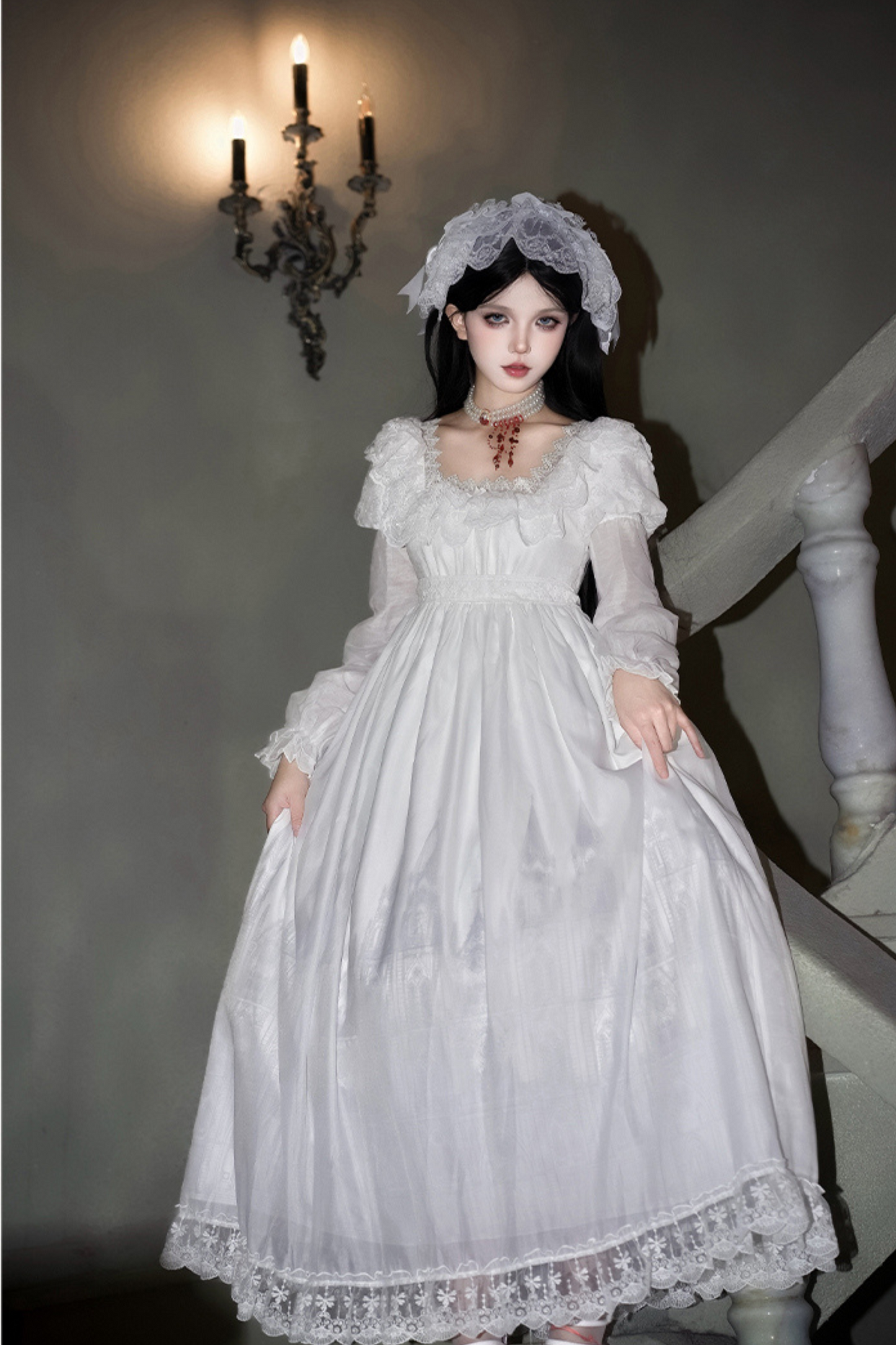 ゴシックツインズロリータドレス＋ハンドスリーブ＋ネックレス＋ヘッドバンド＋ベール＋コルセット＋取り外し可能カーテン＋コサージュ