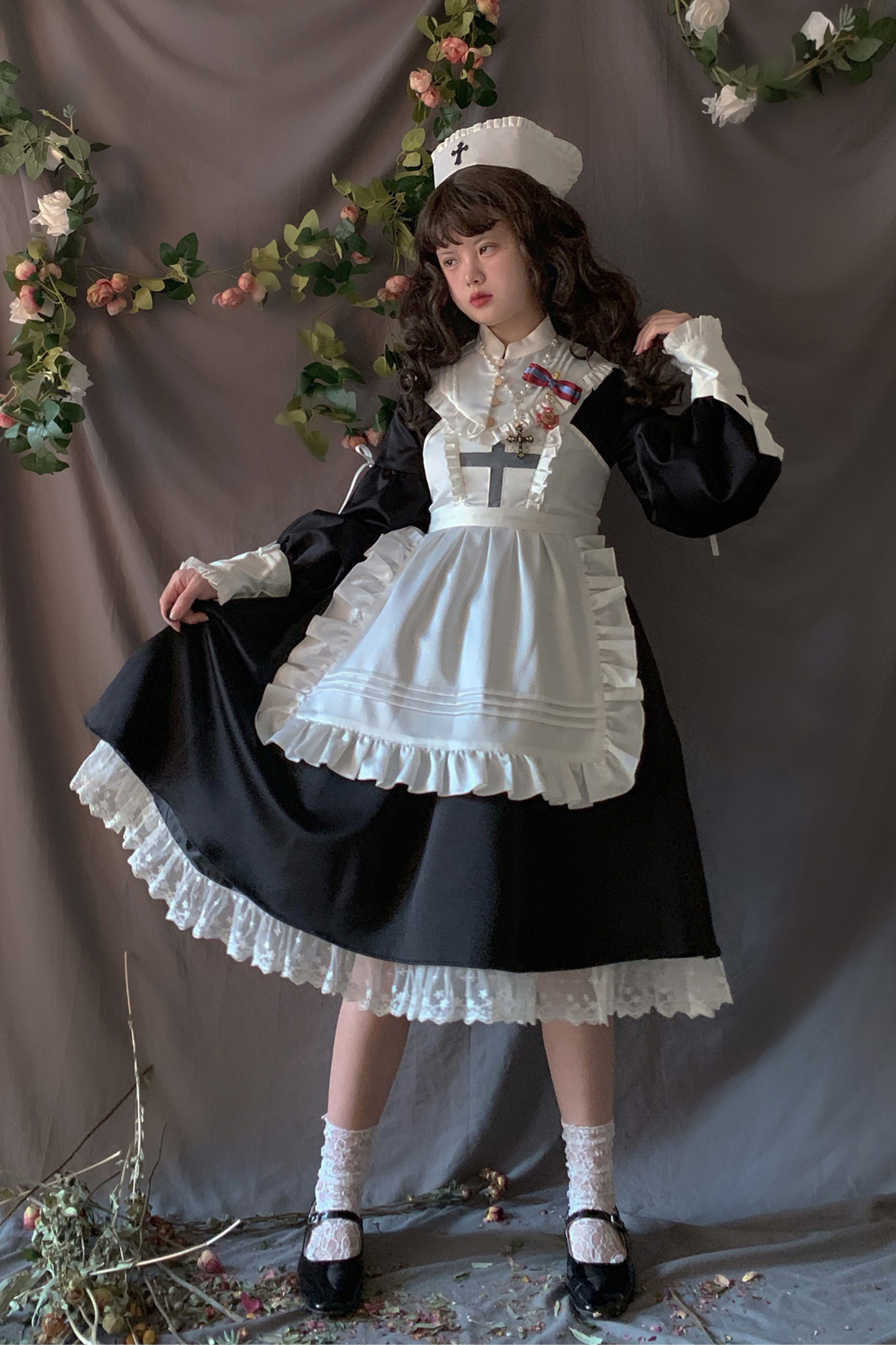 ランタンエンジェルメイドロリータドレス＋エプロン＋つけ襟