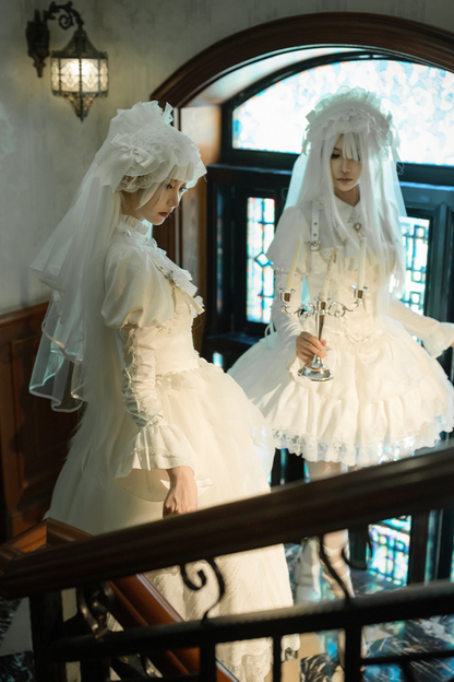 White gothic gemini Lolita dress + corset + ribbon + hair band + veil