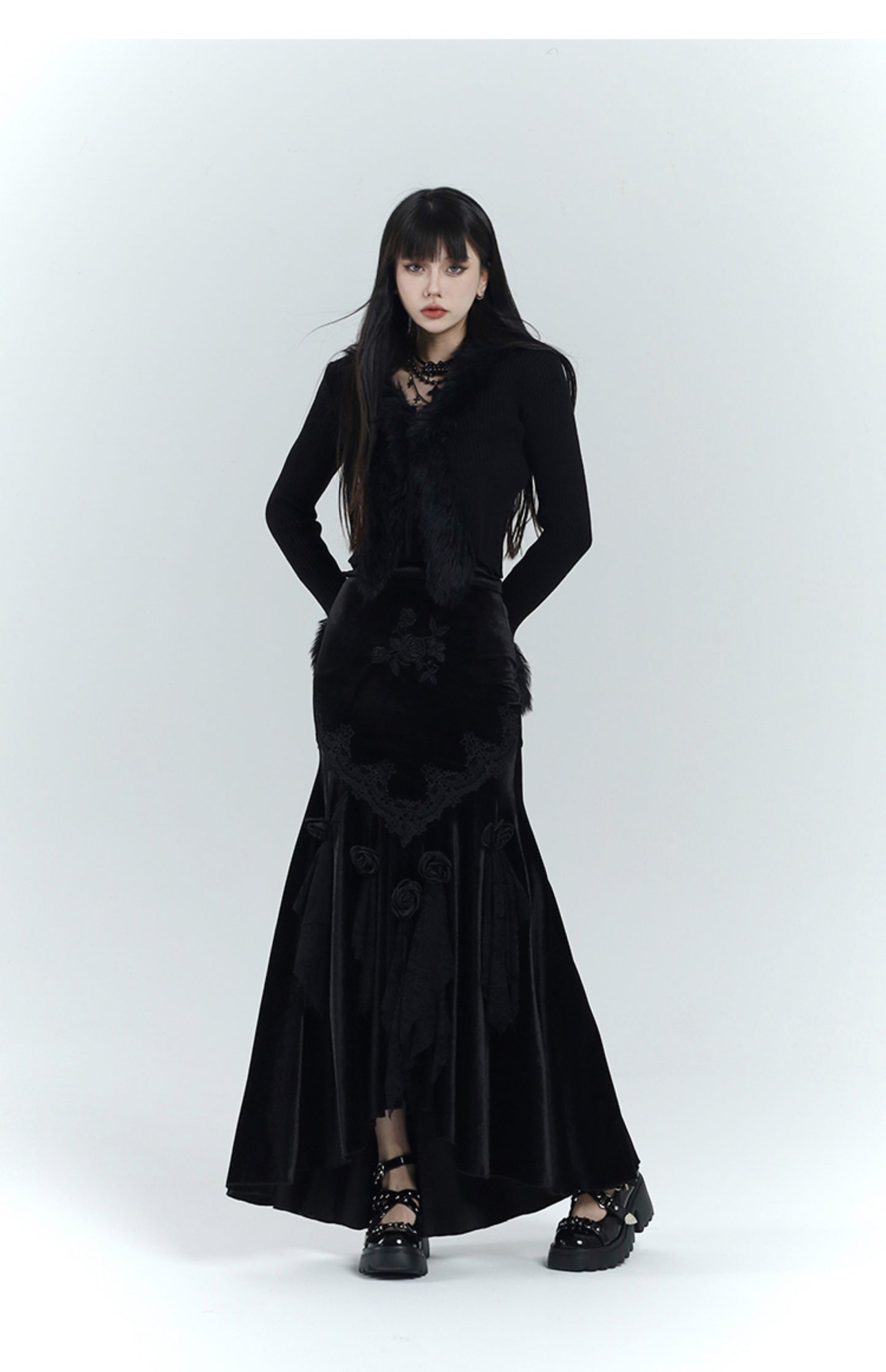 Ghost Girl Black Velvet Fishtail Skirt