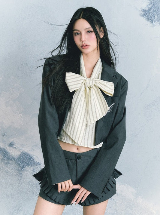 오리지널 디자인 컬리지 숏 재킷 + 플리츠 레이스 팬츠