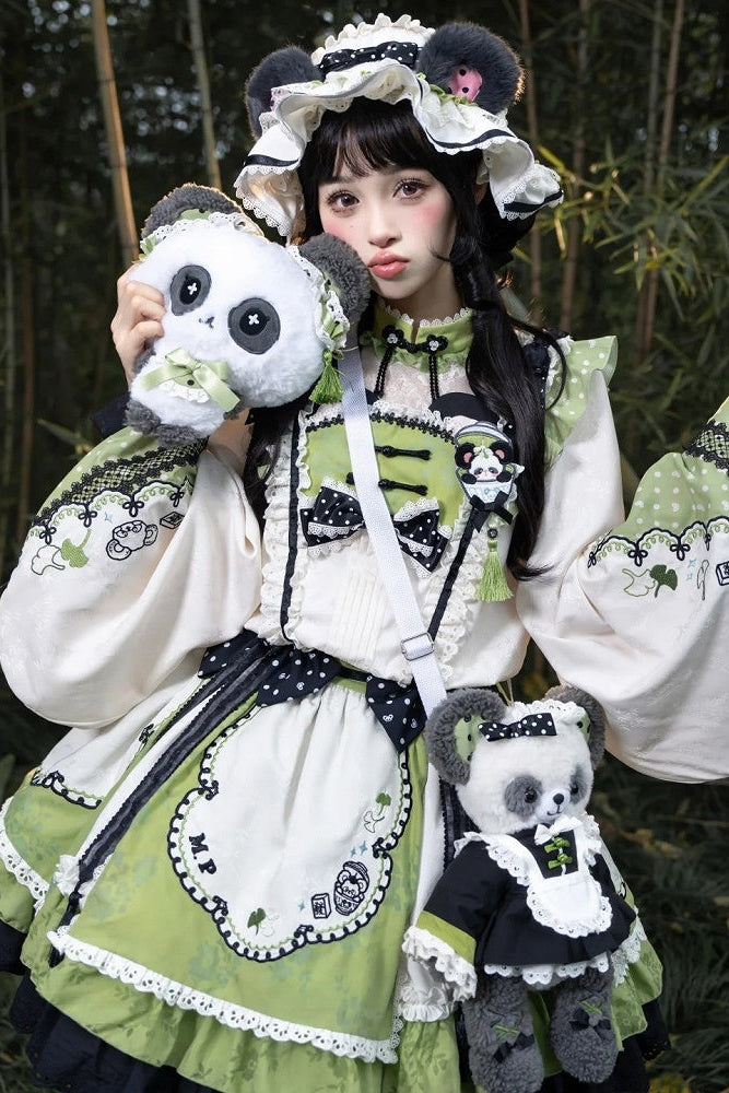 [Pre-order Deadline: October 25] Pink/White/Green Chinoiserie Lolita Sweet Panda Polka Dot Lace Apron Ruffle OP Dress