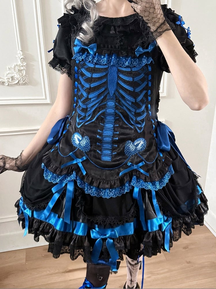 【11月4日予約締切】Blue-Black/Red-Black/Purple-Black Gothic Lolita Puff-Sleeve Lace Bow Doll Dress With Bone Embroidery Apron