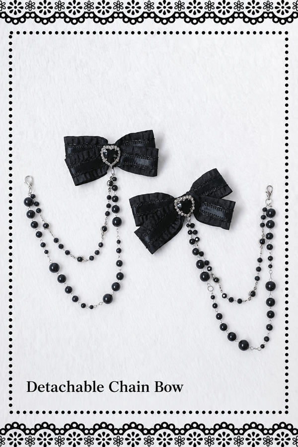 [Pre-order Deadline: October 30] Dark Gothic Black and Gray Plaid Cold-Shoulder Ribbon Lace Dress Set (Including Shorts, Bow Tie, Small Bows*1) + Chain Ribbon Accessories for Sleeves