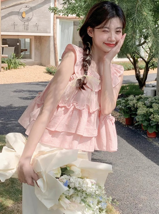 ドールフレアチェックノースリーブトップス