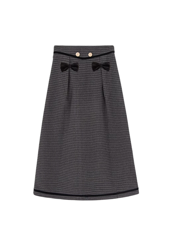 Dark Retro Check Top + Double Ribbon Flared Skirt