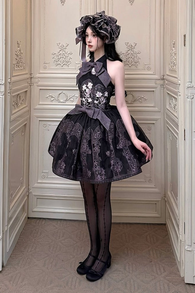 [Scadenza prenotazioni 98] Abito Lolita stile cinese con scollo all'americana, fiocco e ricamo giglio effetto vetrata, nero x viola / bianco x viola