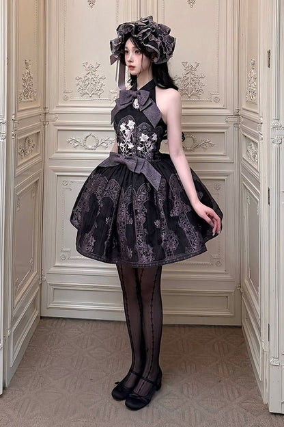[Scadenza prenotazioni 98] Abito Lolita stile cinese con scollo all'americana, fiocco e ricamo giglio effetto vetrata, nero x viola / bianco x viola