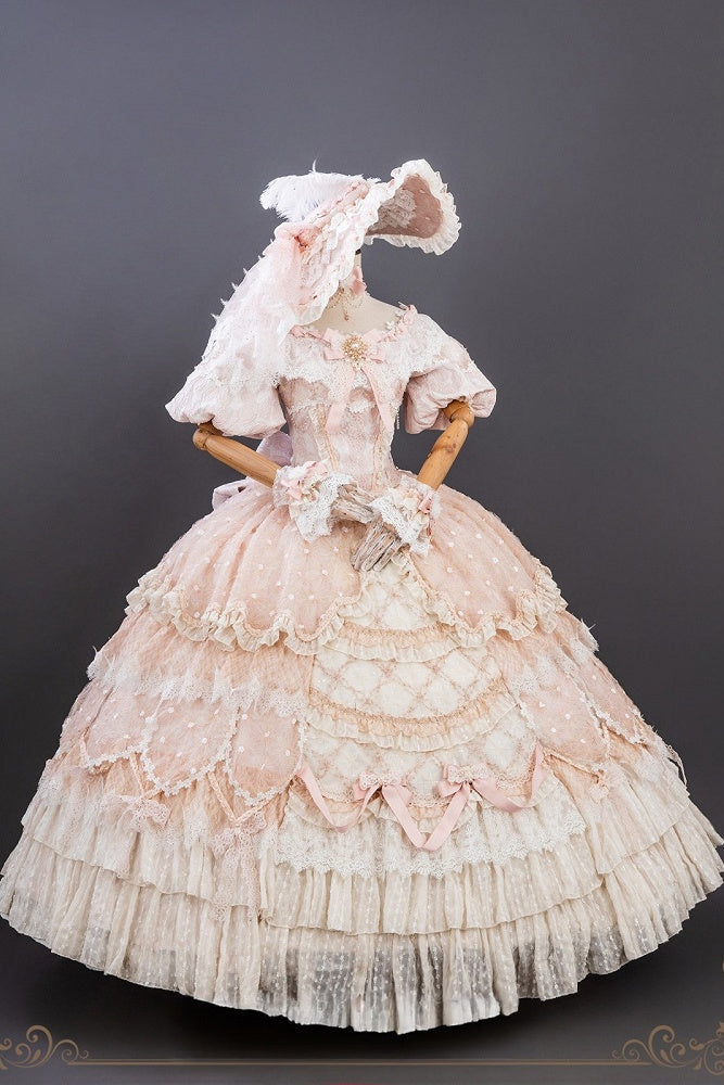 【9月10日予約締切】Pink/Blue Rococo Fantasy Puff Sleeve Ribbon Tiered Princess Lolita Dress Bridal＋Full set[Op Dress + Feather Hat + Choker + Back Ribbon Train + Lace Gloves]