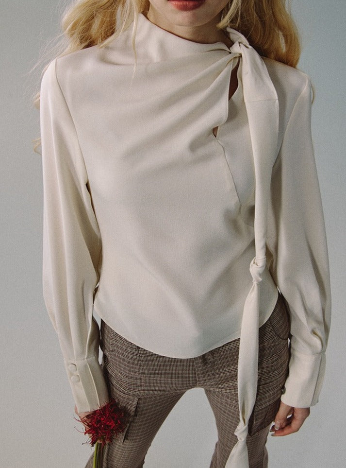 Autumn beige neck design side zipper shirt