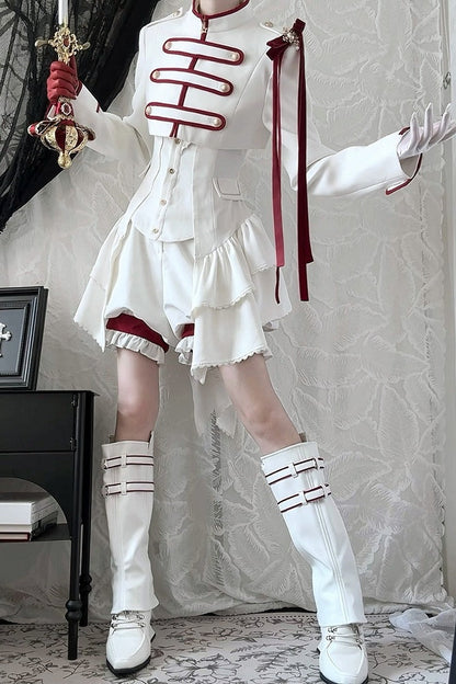 【9月13日予約締切】White Burgundy Military Ruffle Lolita Jacket (with epaulet bow) + Shirt + Short Skirt Set / Shorts Set + Complete set 1/2 (Officer cap + Leg covers + Sash)