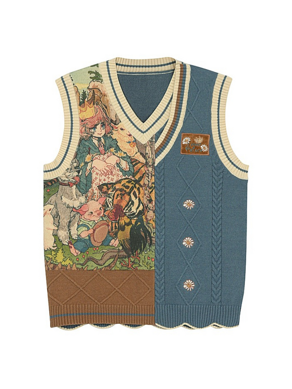 Retro animal vest + half pants + shirt + animal scarf