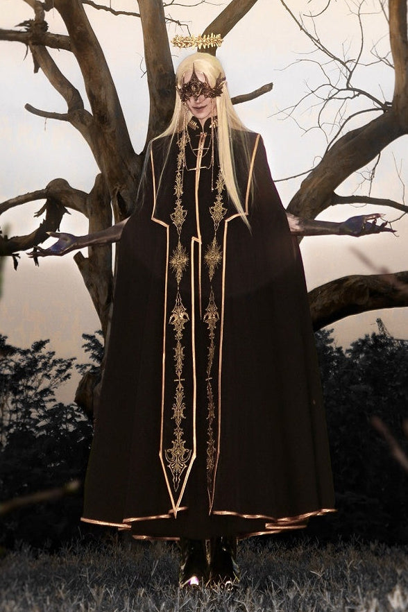 [Reservierungsschluss 13. September] Schwarz-goldener Gothic-Prinzen-Cape-Mantel mit königlicher Stickerei – 2 Stoffoptionen