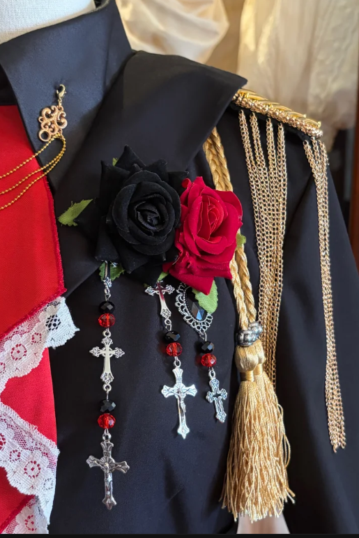 [Pre-order] Black and Red Military Gothic Lolita Asymmetrical Dress + Top + Sash + Brooch Set