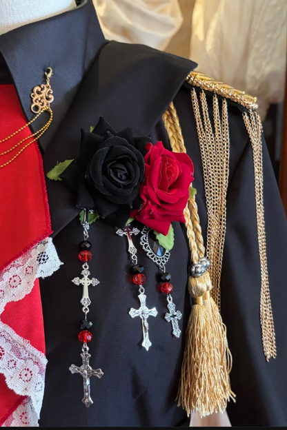 [Pre-order] Black and Red Military Gothic Lolita Asymmetrical Dress + Top + Sash + Brooch Set