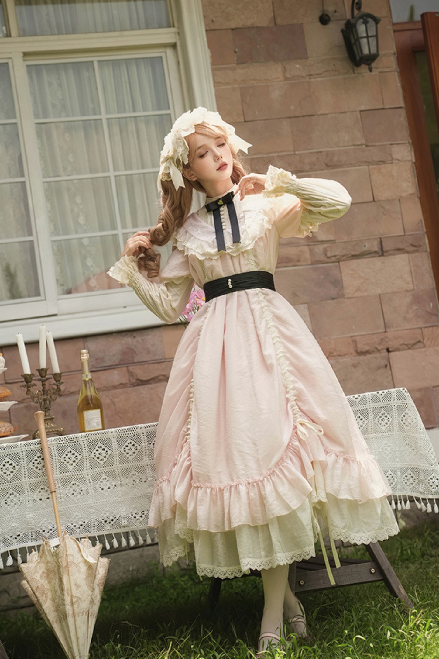 【予約商品】ローズフリルロリータドレス+ドレス＋ベルト＋ブローチ＋リボン＋ヘッドバンド＋スリーブ