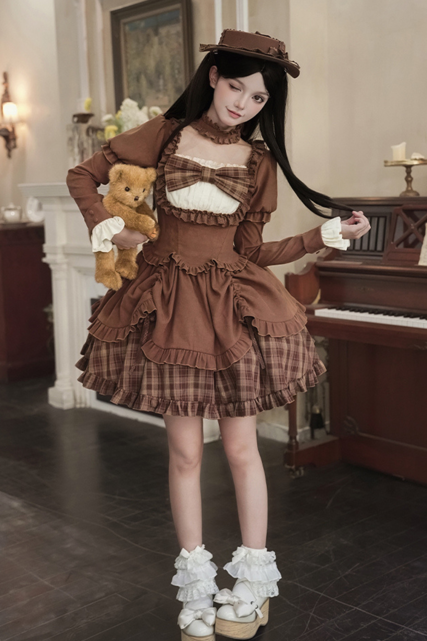 スイートチェックドールドレス＋2WAYリボン＋リボン＋ハット