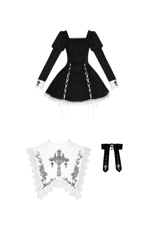 Chic mermaid dress + lace-up short dress + cloak coat + collar + ribbon brooch