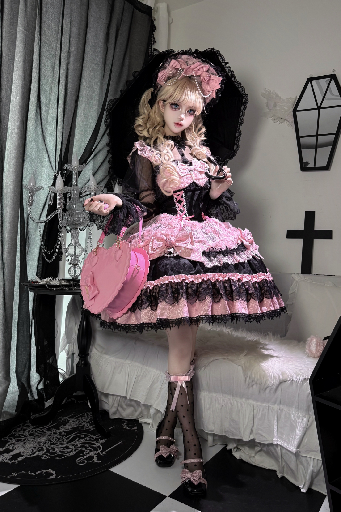 ローズフリルプリンセスジャンパースカート+バッグリボン+ボンネット