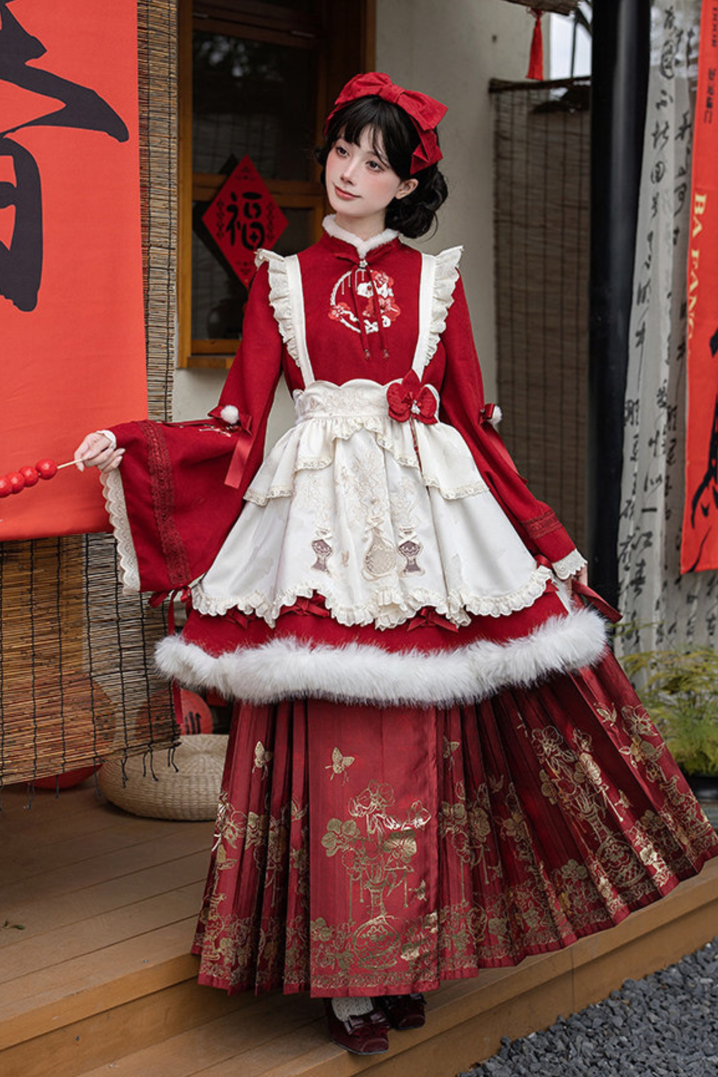 China Big Sleeve Dress + Apron + Skirt + Leg Warmers + Hairband + Clip + Pin