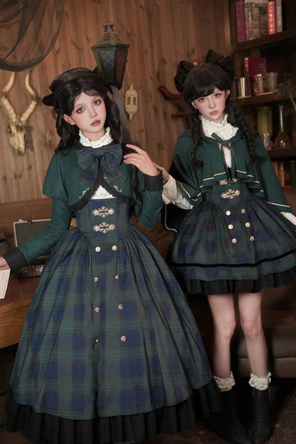 レトロカレッジスタイルチェックロリータスカート＋ジャケット＋マント＋ブラウス＋リボン＋ネックレス