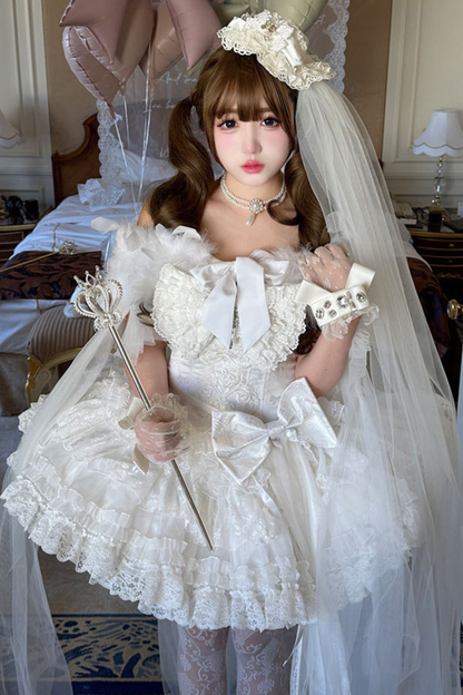 [Vorbestellung bis 4. April]Weißes Feder-Zeremonienkleid + Schal + Schwanz + Schleier + Schleife + Ärmel