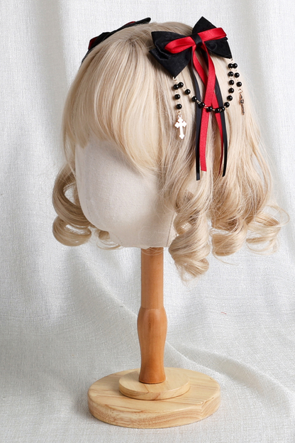 Dark Frilled Lolita Hairband + Flat Hat + Hat Clip + Ribbon Clip + Sleeve