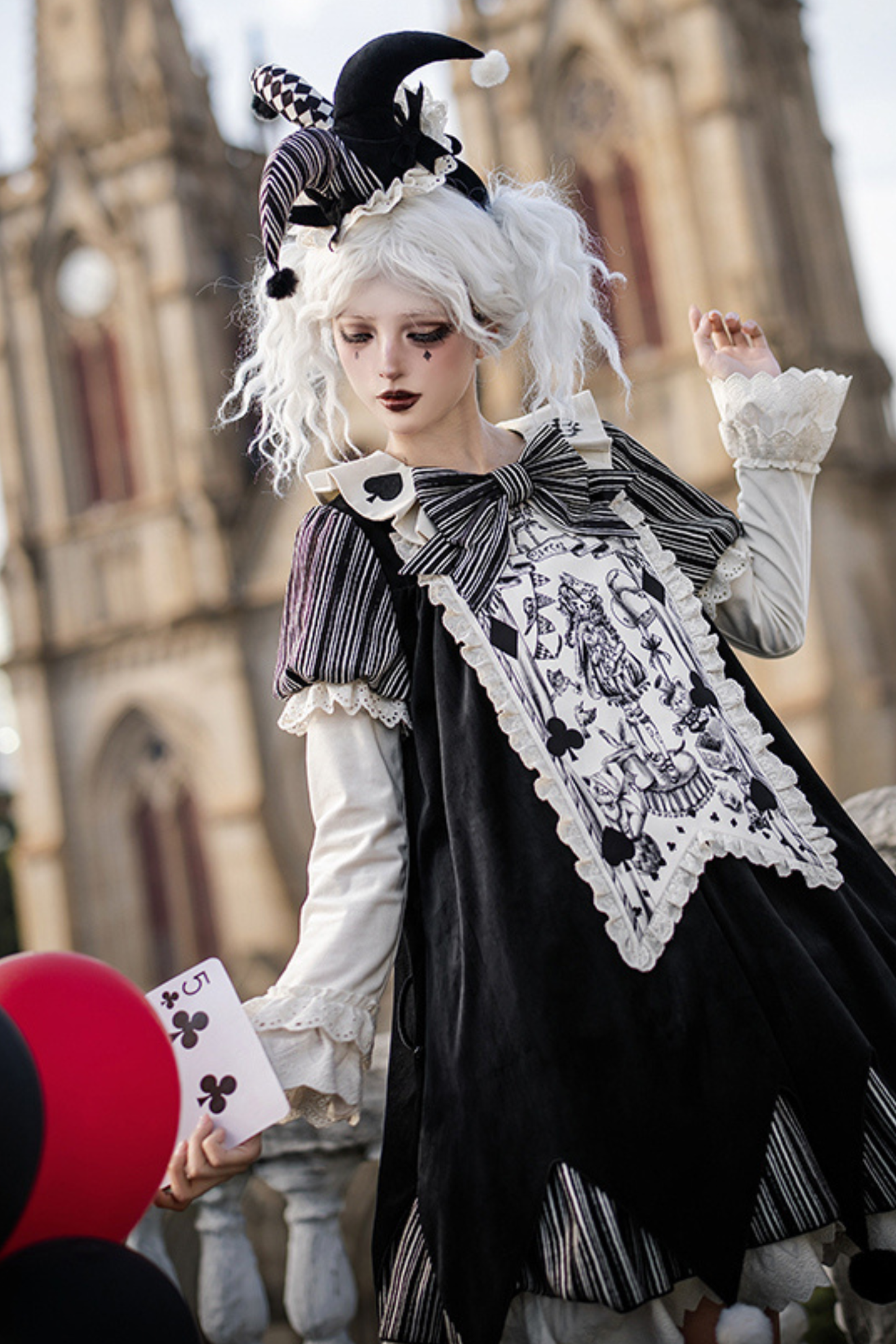 ドールサーカスピエロロリータドレス+カチューシャ+ベルト+リボン+カチューシャ+バッフル