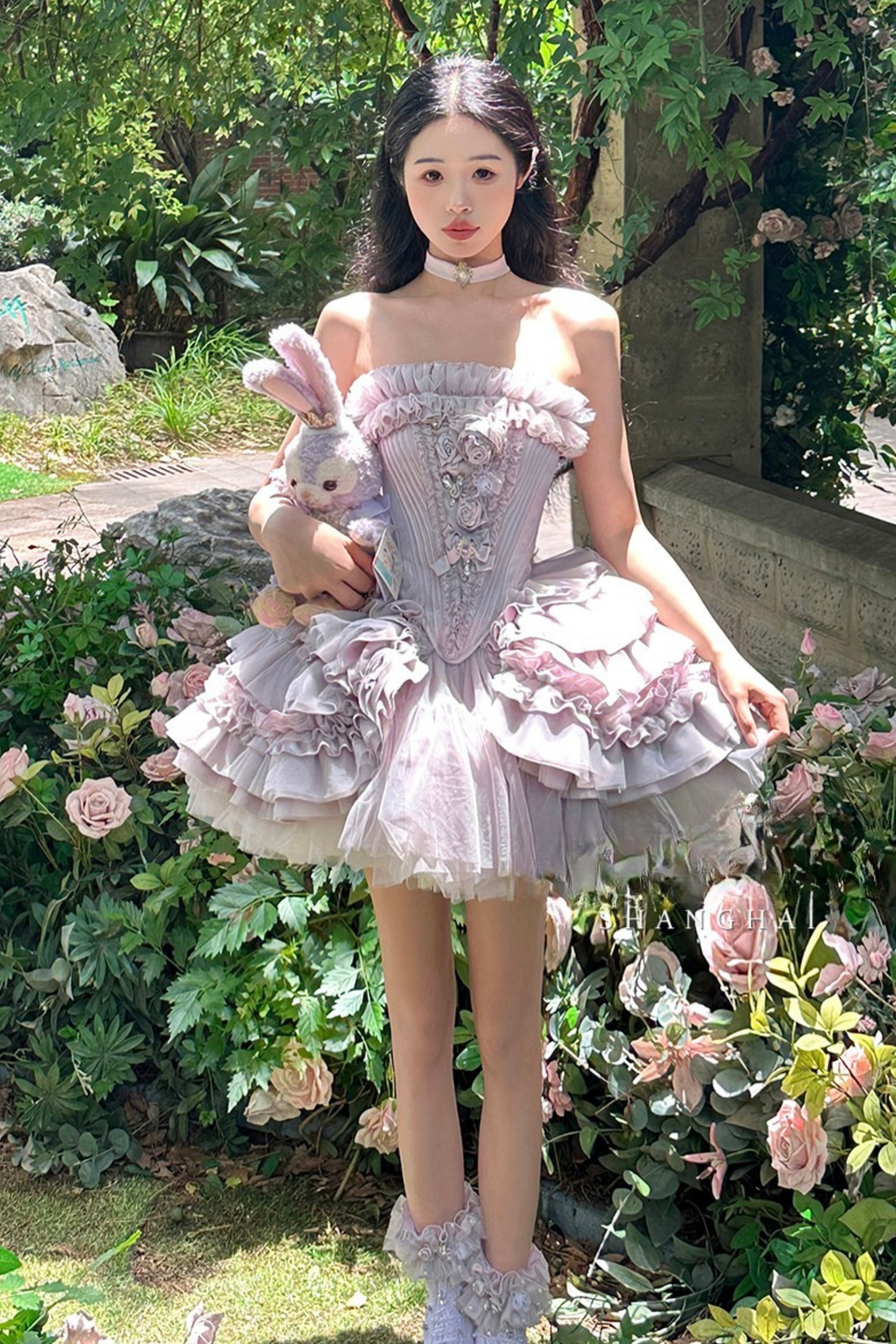 ビクトリアフラワーチューブトップス＋ショートスカート＋ロングスカート＋ガーゼスカート＋アームリング＋チョーカー