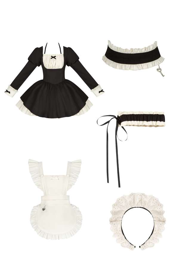 Twin Ruffle Maid Lolita Dress + Apron + Choker + Headband + Ribbon + Leg Covers